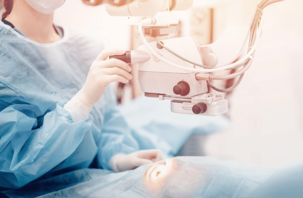 A female optometrist prepares a patient for laser eye surgery