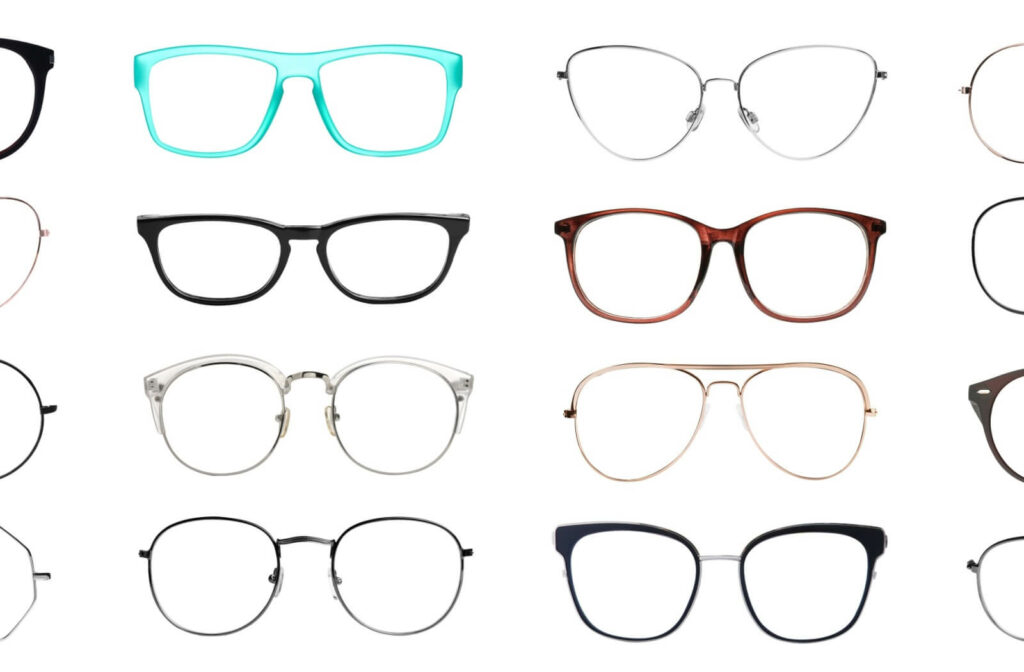 a variety of different glasses frames are organized row by row on a white background.