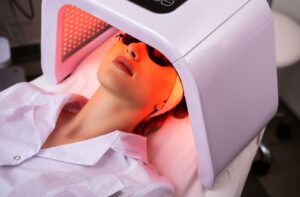 Person wearing black eye protectors receiving red light therapy at an optometry clinic while lying down.